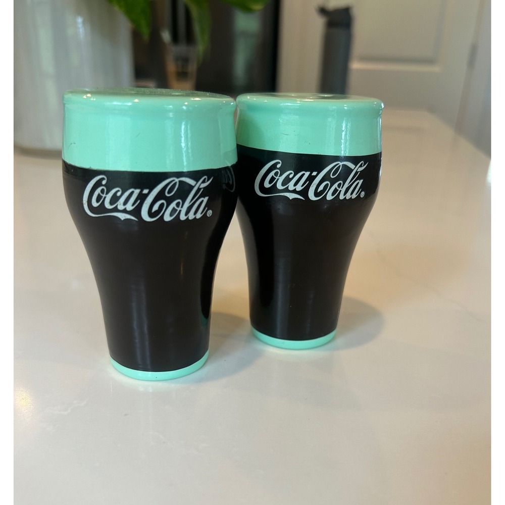 Coca-Cola Salt and Pepper Shakers Black Mint Green Ceramic Set